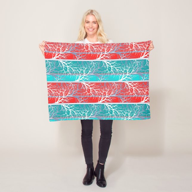 Couverture Polaire Arbres abstraits sans joint branche corail bleu li (En situation)