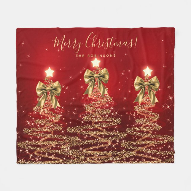 Couverture Polaire Arbres de Noël rouges dorés de fête avec des nœuds (Devant (Horizontal))