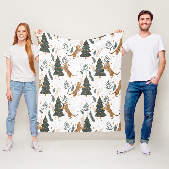 Couverture Polaire Arbres de Noël & tigres motif personnalisé arrière (En situation)