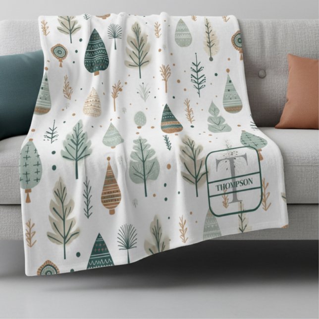 Couverture Polaire Arbres nordiques monogramme scandi nom (Créateur téléchargé)