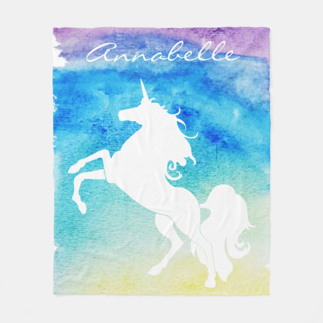 Couverture Polaire Arc-en-ciel d'aquarelles et licorne blanche (Devant)