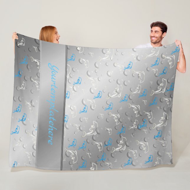 Couverture Polaire argent, bleu, bleu, or, argent, dessin, poisson, (En situation)