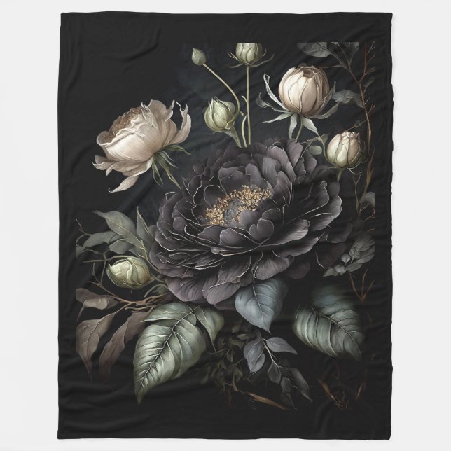 Couverture Polaire Arrangement gothique Rose Fleur noire (Devant)