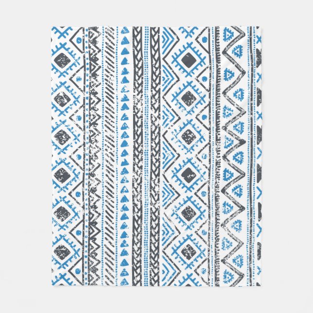 Couverture Polaire Arrière - plan sans couture blanc bleu ethnique. (Devant)