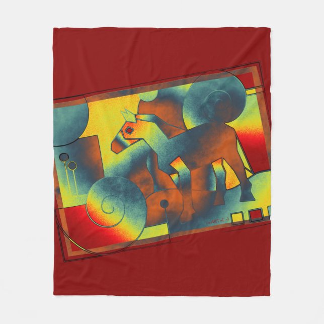 Couverture Polaire ART Abstrait - A HORSE - bleu rouge jaune (Devant)
