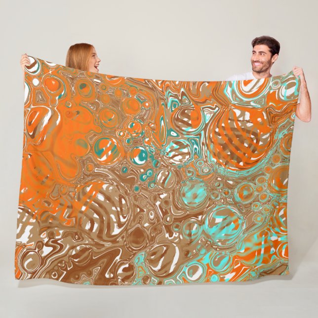 Couverture Polaire Art Abstrait orange, Brown, Turquoise et turquoise (En situation)