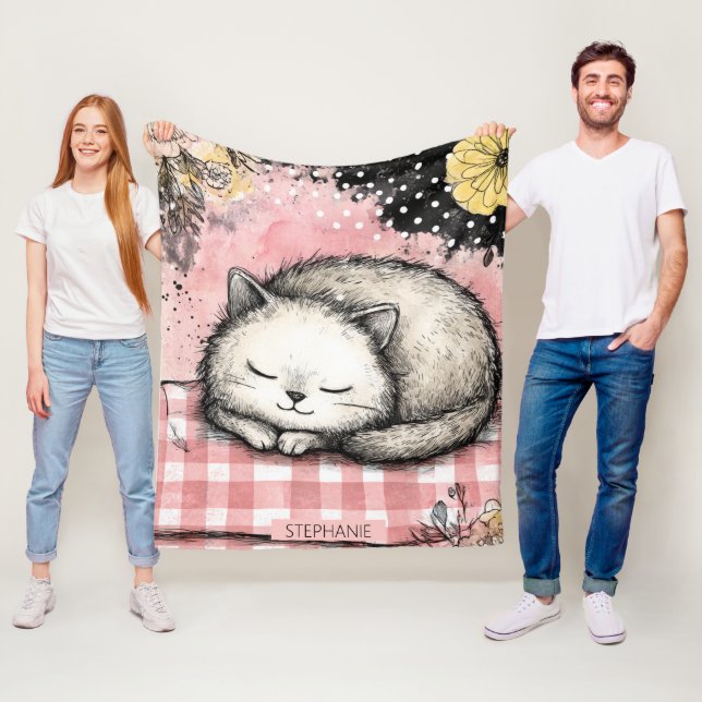 Couverture Polaire Art aquarelle florale de chat fantaisiste (En situation)