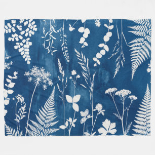 Couverture Polaire Art botanique de fougère au cyanotype bleu indigo 