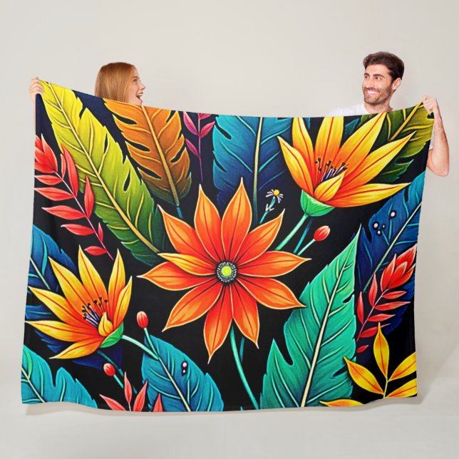 Couverture Polaire Art de fleurs tropicales vibrantes (En situation)