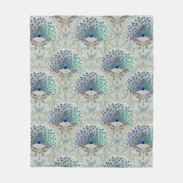 Couverture Polaire Art Déco Nouveau Peacock Butterfly Light Blue Gold (Devant)