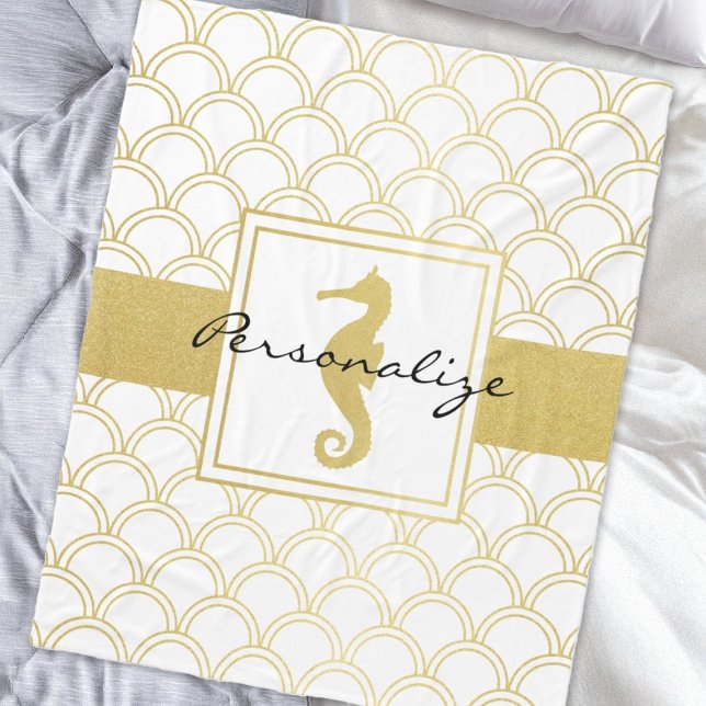 Couverture Polaire Art Déco Ocean Wave Gold Seahorse Beach House (Créateur téléchargé)