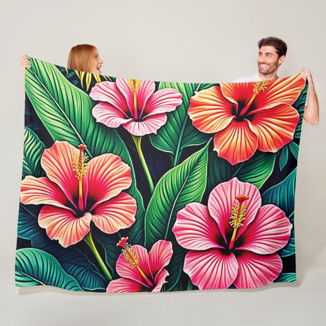 Couverture Polaire Art floral de l'Hibiscus Tropical en Fleur (En situation)