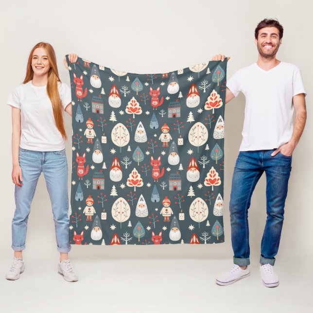 Couverture Polaire Art populaire scandinave avec génomes de Noël (En situation)
