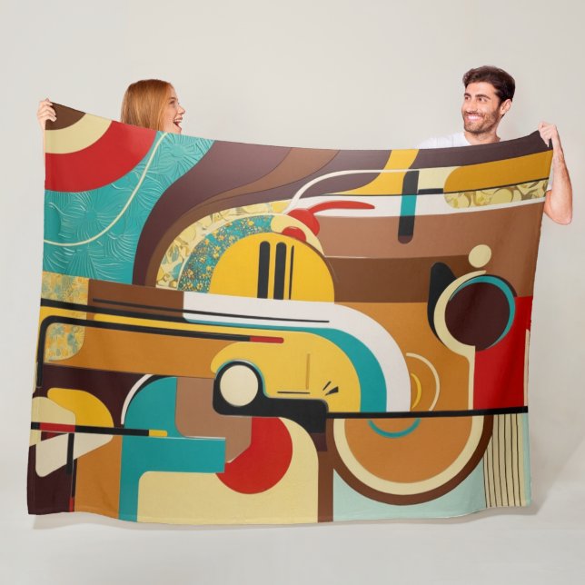 Couverture Polaire Art Rétro Abstrait | Design Jaune et Marron (En situation)