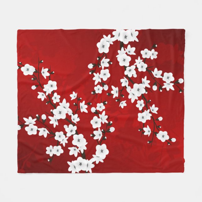 Couverture Polaire Asie Floral blanc cerisier rouge (Devant (Horizontal))