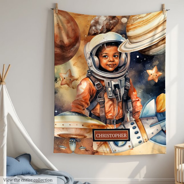 Couverture Polaire Astronaut Dreams Blanche Black Boy Aquarelle Spac (Astronaut Dreams Blanket Black Boy Watercolor Space)