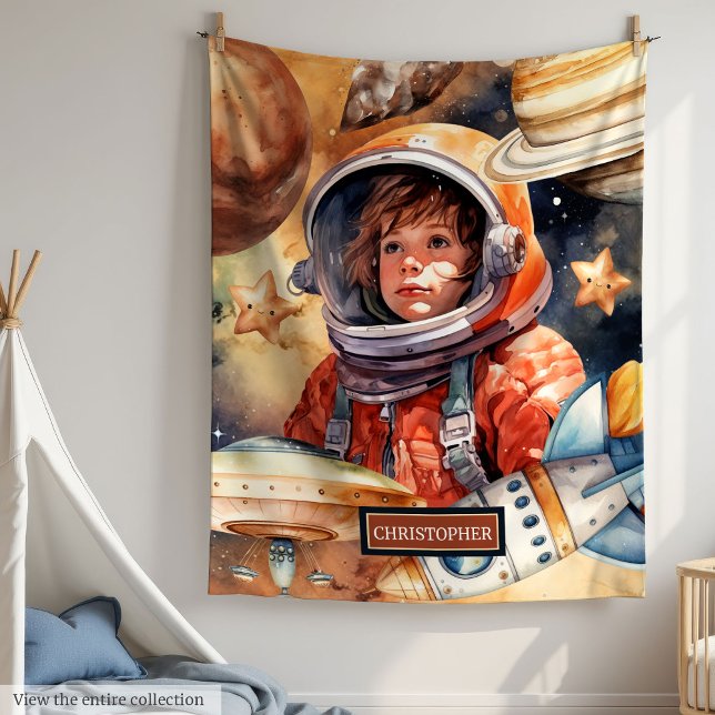 Couverture Polaire Astronaut et planètes Blanches Enfants personnalis (Astronaut and Planets Blanket Personalized for Kids

)