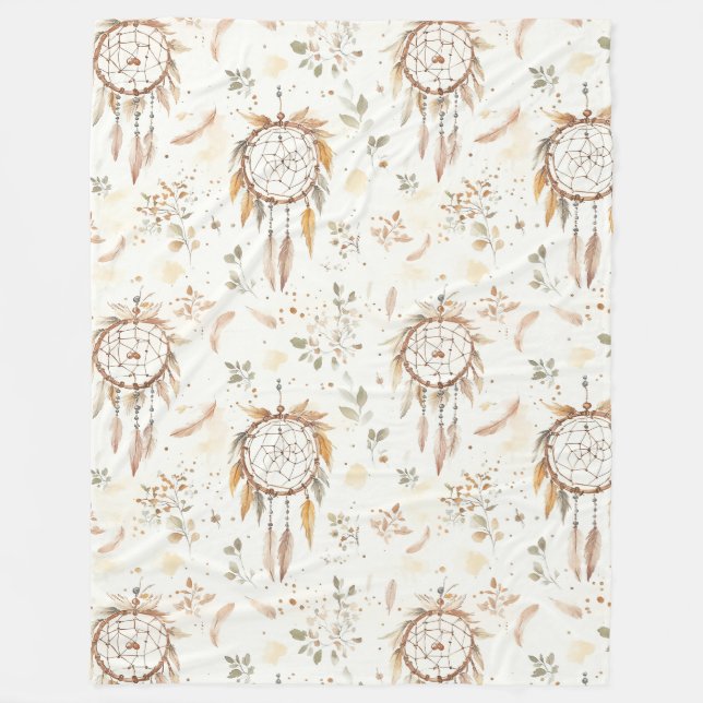 Couverture Polaire Attrape-rêves plumes Boho crème (Devant)