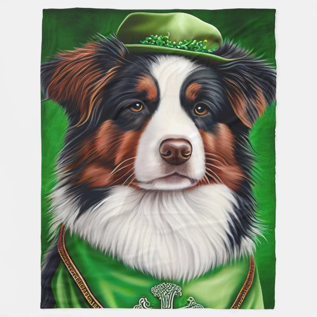 Couverture Polaire Australian Shepherd dog en tenue de St. Patrick's  (Devant)