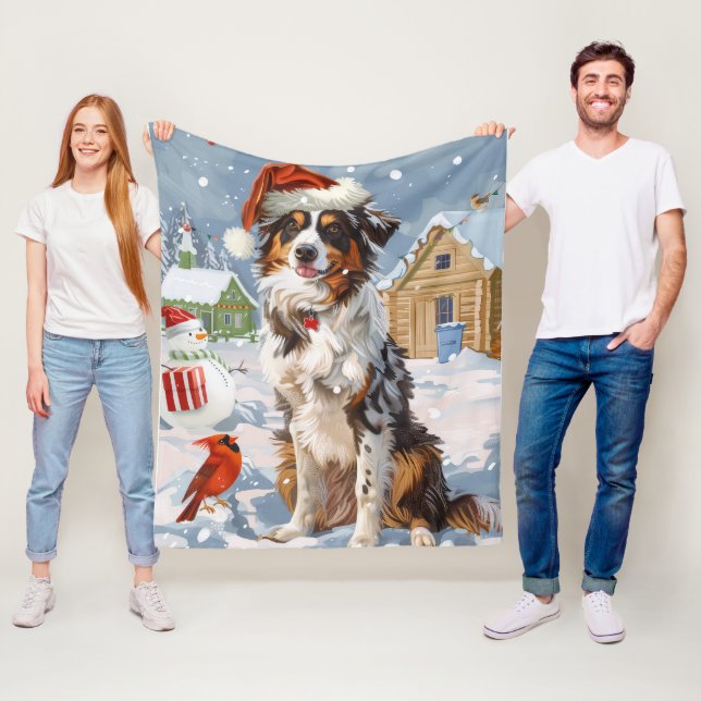 Couverture Polaire Australian Shepherd Winter Wonderland Noël (En situation)