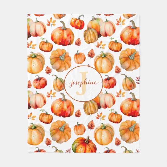 Couverture Polaire Automne Monogramme Nom Citrouille Fleece Blanche (Devant)