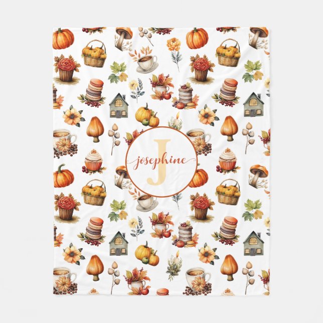 Couverture Polaire Automne Monogramme Nom Fleece Blanche (Devant)