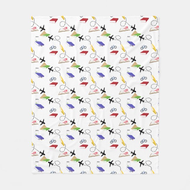 Couverture Polaire Avion, Vélo, Livres, Rouge, Jaune, Voyage Bleu (Devant)