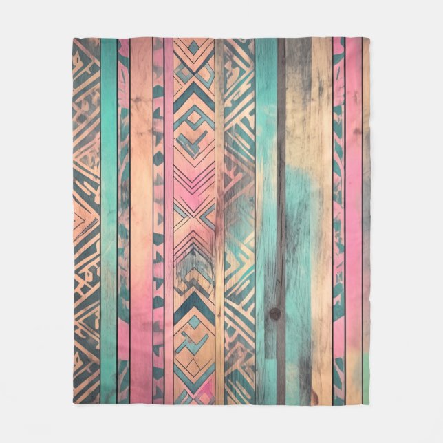 Couverture Polaire Aztec Sud-Ouest Bleu Et Tribal Rose (Devant)