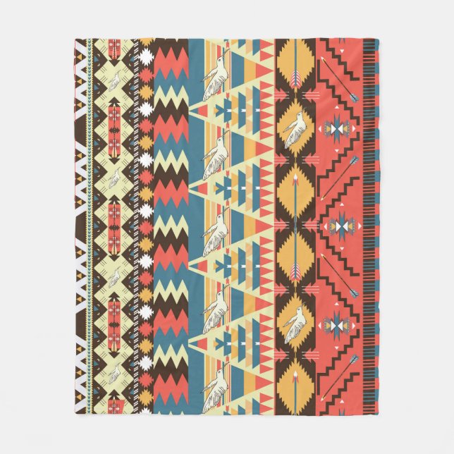 Couverture Polaire Aztèque coloré : oiseaux, fleurs motif. (Devant)