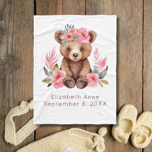 Couverture Polaire Baby Bear Fleurs roses Aquarelle Cadeau bébé