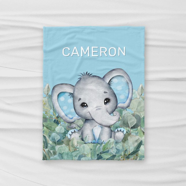 Couverture Polaire Baby Blue Watercolor Elephant Nom personnalisé (Créateur téléchargé)