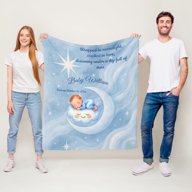 Couverture Polaire Baby Boy Douche Invitation Lune Étoiles Aquarelle (En situation)