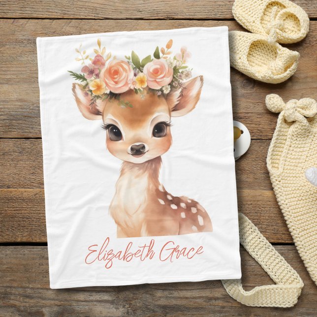 Couverture Polaire Baby Deer Fleurs roses sur la tête Baby Girl Cadea (Baby Deer with Pink Flowers on head Baby Blanket. Personalize it Monogram it with babies name.)