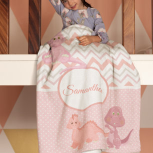 Couverture Polaire Baby Pink Dinosaur Chevron Personnalisé