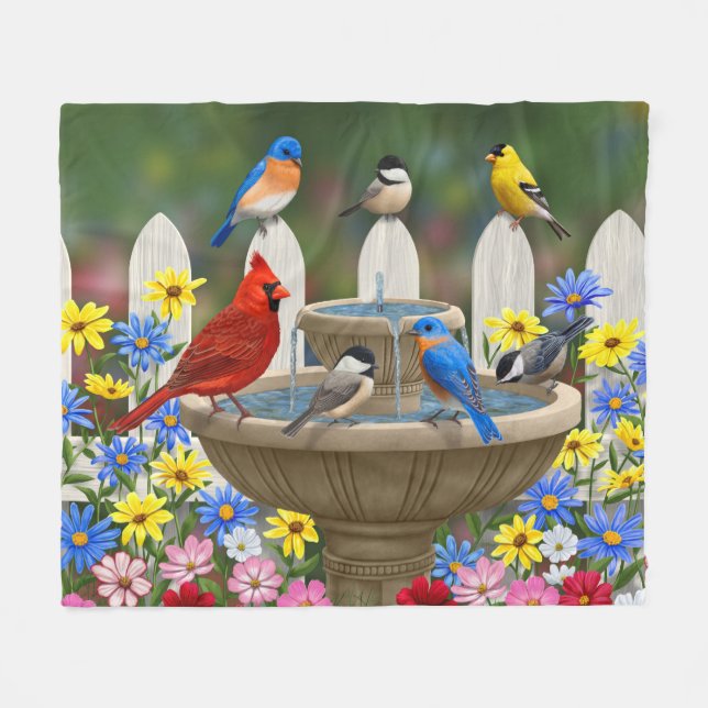Couverture Polaire Bain d'oiseaux coloré du jardin de printemps (Devant (Horizontal))