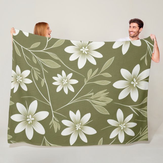 Couverture Polaire Baisson blanc tropical sur vert olive Élégant (En situation)