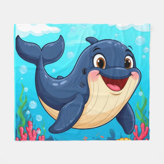 Couverture Polaire Baleine de dessin animé joyeuse nageant (Devant (Horizontal))