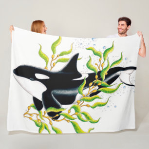 Couverture Polaire Baleine d'Orca dans l'art de l'encre de la forêt d