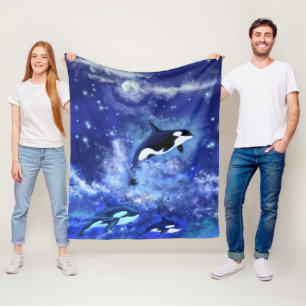 Couverture Polaire Baleines tueuses en Pleine lune - Dessin artistiqu