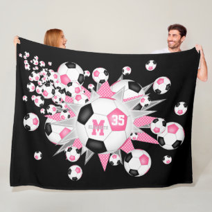 Couverture Polaire ballons de football noir rose stars filles décor s