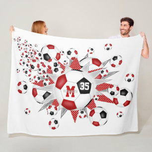 Couverture Polaire ballons de football noir rouge étoiles filles nom
