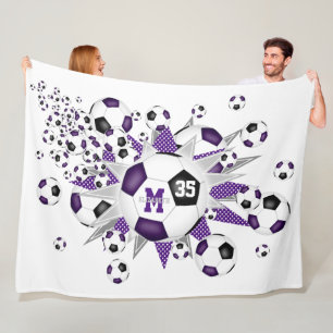 Couverture Polaire ballons de football noir violet étoiles filles nom