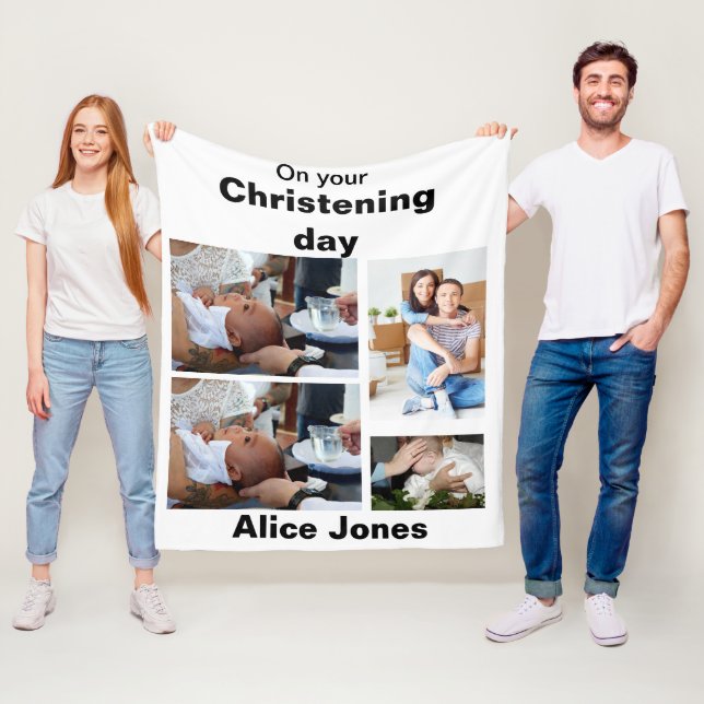 Couverture Polaire Baptême Personnalisé 4 Photo Collage (En situation)