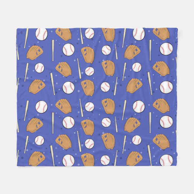 Couverture Polaire Baseball - Gants, Balles et Bats sur fond bleu (Devant (Horizontal))