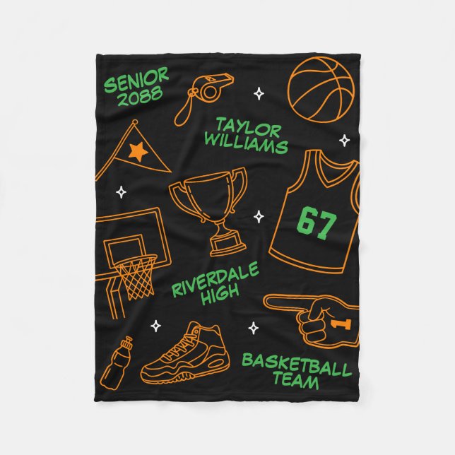 Couverture Polaire Basketball Doodle Pattern Custom Name Senior Gift (Devant)