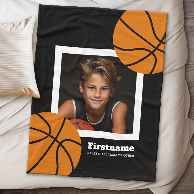 Couverture Polaire Basketball Photo Ajouter votre nom - Peut modifier (Personalized fleece blanket - Sports Theme - basketball photo)