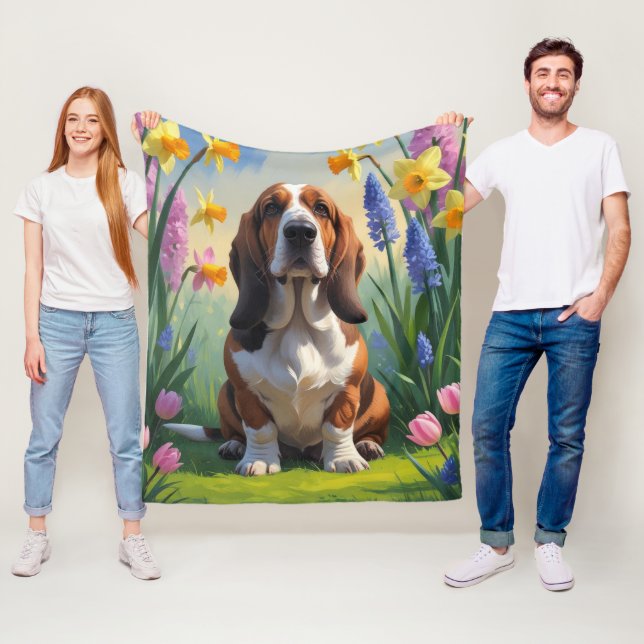 Couverture Polaire Basset Hound Chien Fleurs de printemps Peinture (En situation)