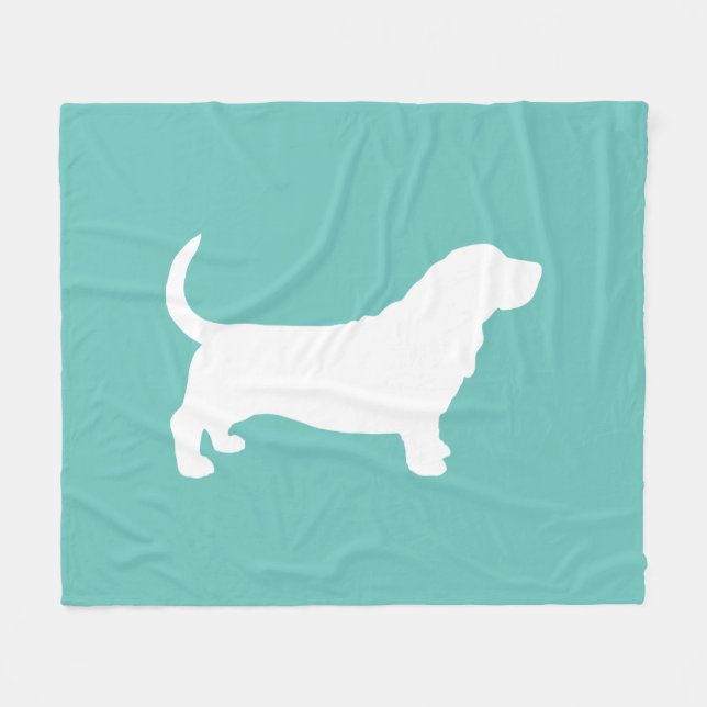 Couverture Polaire Basset Hound Silhouette Turquoise et blanche (Devant (Horizontal))