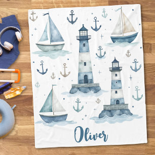 Couverture Polaire Bateaux à voile, phares et ancres aquarelles migno