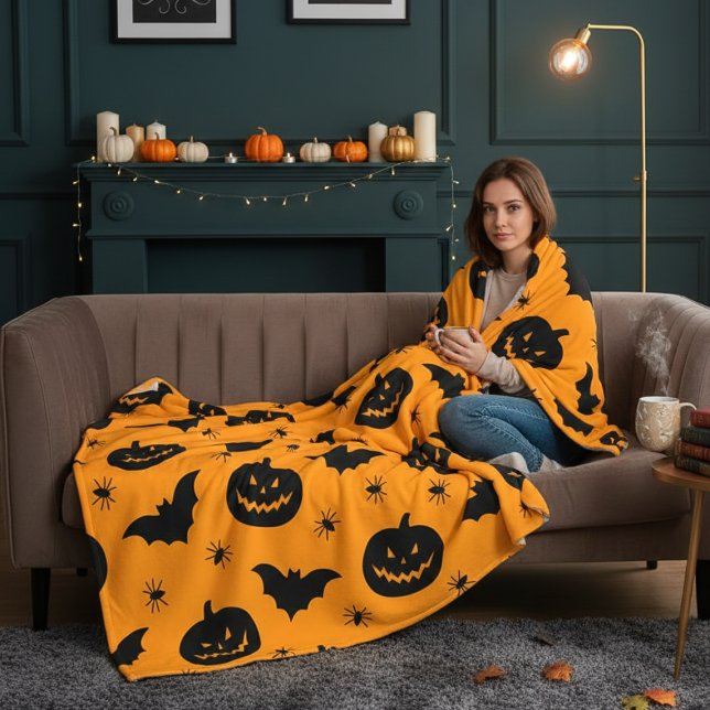 Couverture Polaire Bats, têtes de citrouille et araignées Halloween P (Bats, pumpkin heads and spiders Halloween Plush Fleece Blanket)